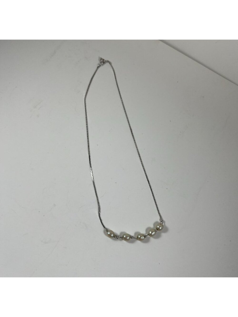 Silver Necklace With Five Pearl Beads On Delicate Chain For Women Or Girls